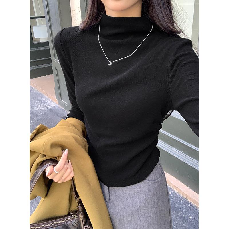 Semi-turtleneck Card Waist Pleated Top Women's Spring Double-sided Abraded Warm Inner Long-sleeved T-shirt Bottoming Shirt