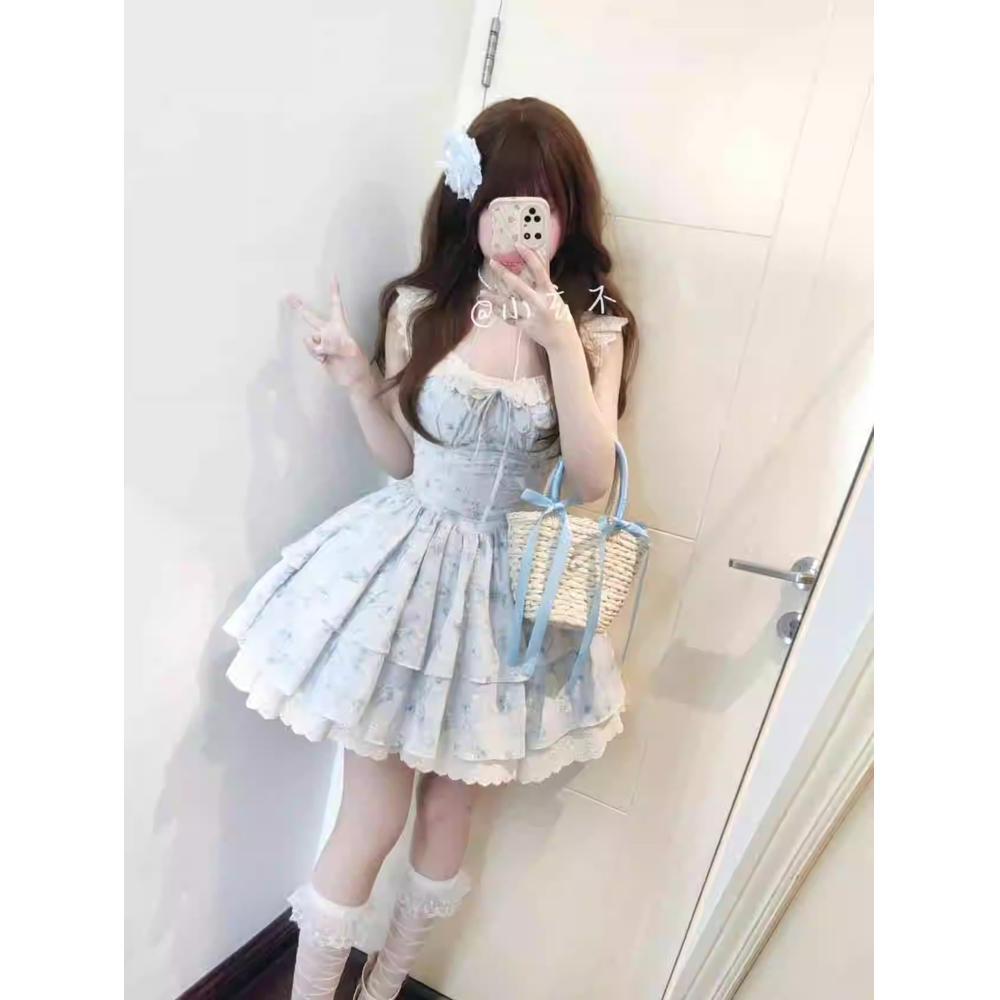 Sweet Spice Girl Blue Flying Sleeve Dress Sweet Premium Princess Cake Dress Women's Summer Waist Fluffy Short Dress