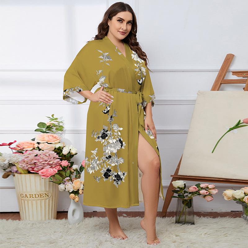 Übergröße Satin Sommer Pyjama & Bademantel Set für Damen - Leichter Luxus Eisseide