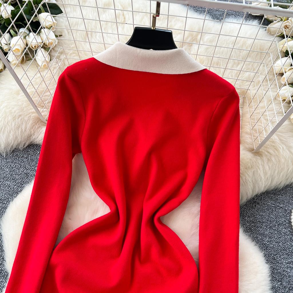 Women's French Retro Color Clashing Lapel Single-breasted Waist Temperament Split Knee-length Knit Dress
