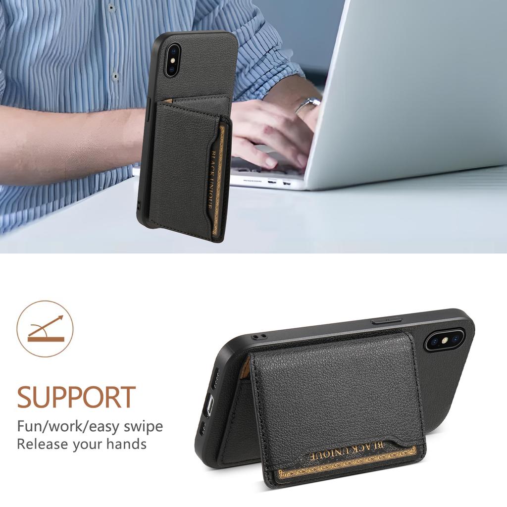 Für iPhone X/XS Hülle Kartenfach Kalbsleder Textur PU+ PC+TPU Handyhülle mit Ständer