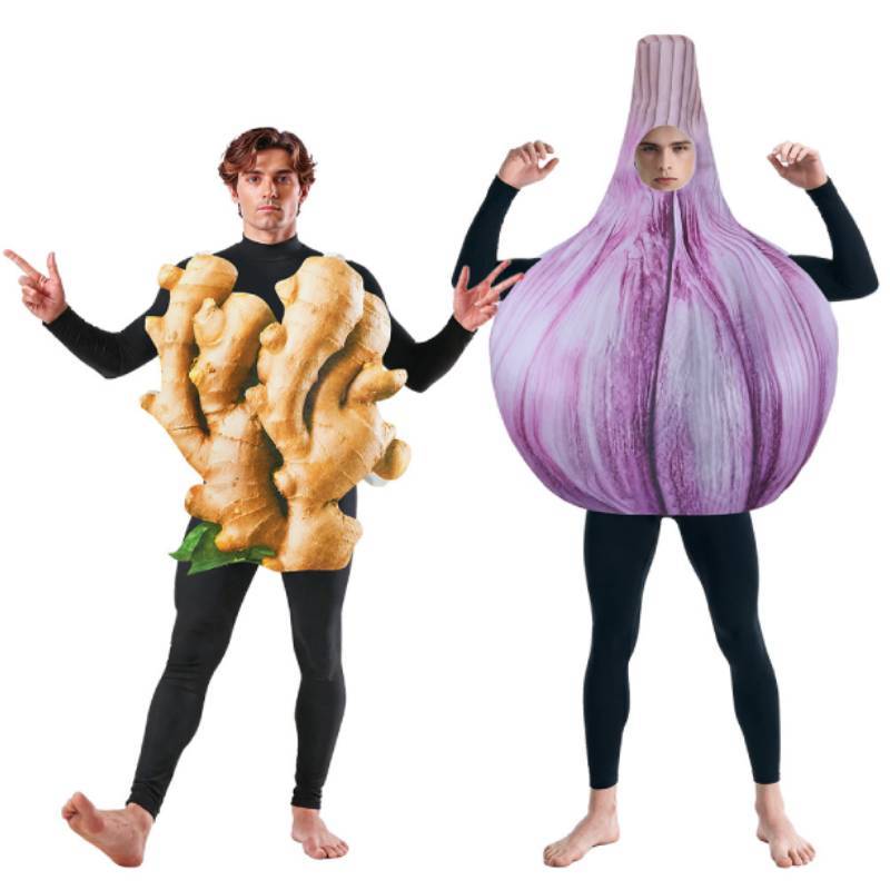 Knoblauch und Ingwer Kostüm für Erwachsene Cosplay Set mit Aufdruck für Halloween Karneval Mottoparty