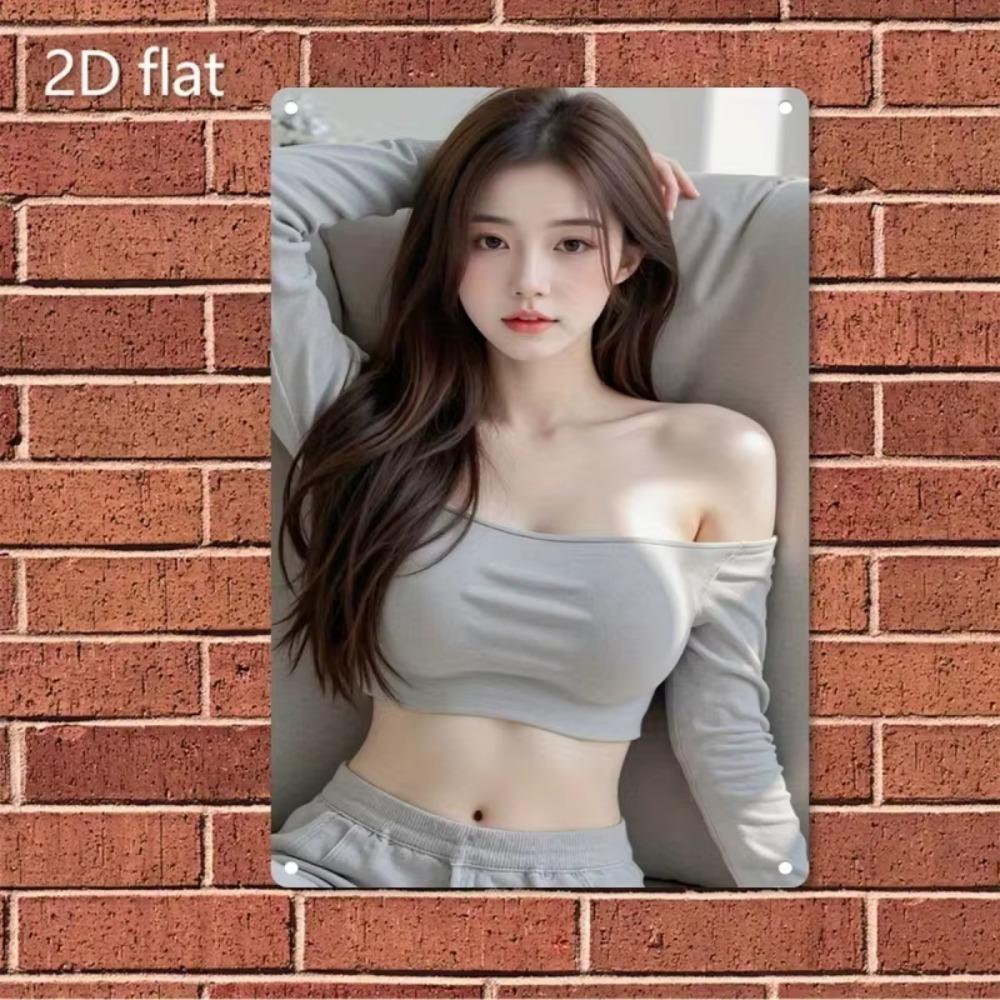Vintage Metall Wandkunst Schild, Metall Poster - Elegantes Frauen Gesicht & Minimalistische Koreanischer Stil Frau Kunst - Robust