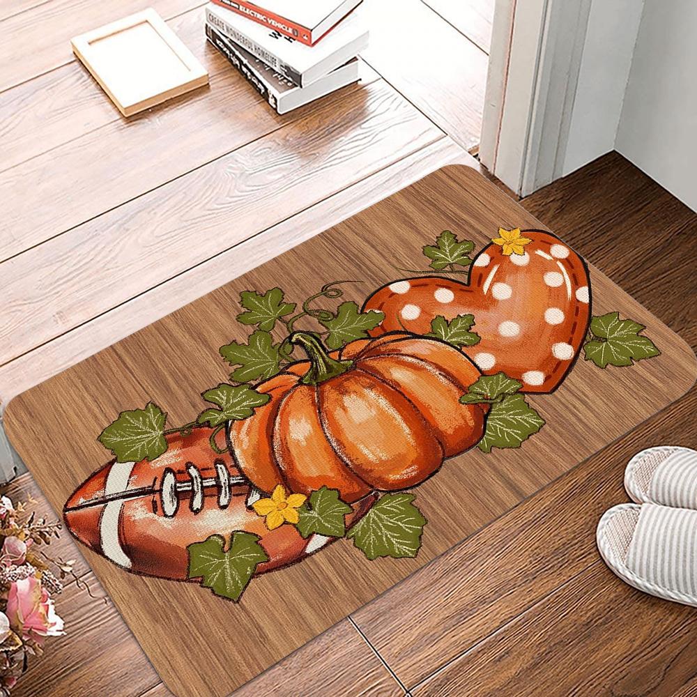 Fall Football Pumpkin Printed Fall Kitchen Carpet Living Room Dining Room Laundry Floor Mat Balcony Hallway Non-Slip Door Mat