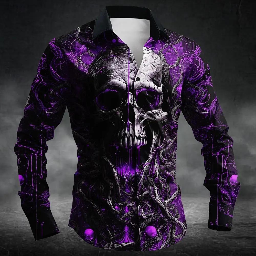 Gothic Skull Graphic Button-Up Long Sleeve Shirt, Fashion Essential