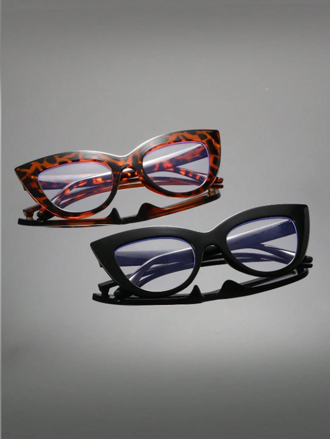 

2Pcs High-End Cat-Eye Women s Flat Glasses with Leopard Print Black Frame, Large Frame to Enhance Face Shape, for Daily Use