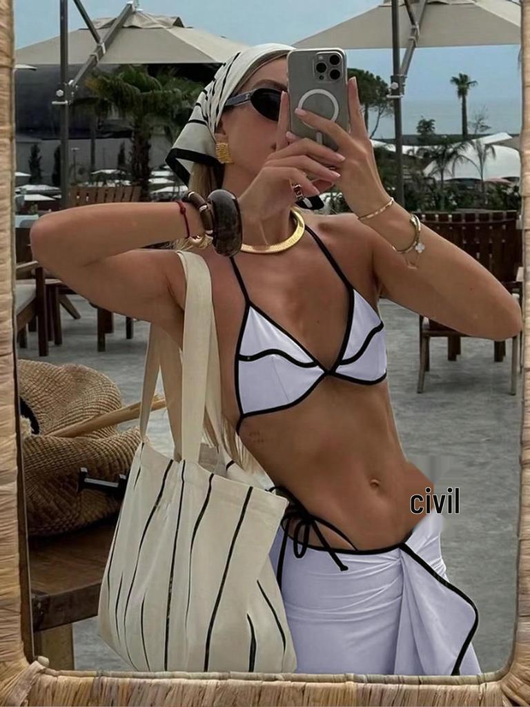 2025 European & American Bikini Three-Piece Set: Sexy Long Cover-up Print Swimsuit for Women