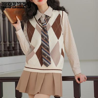 Spring and Autumn Women's Knitted Shirt Vest Korean Retro College Style Sweater Women's Vest