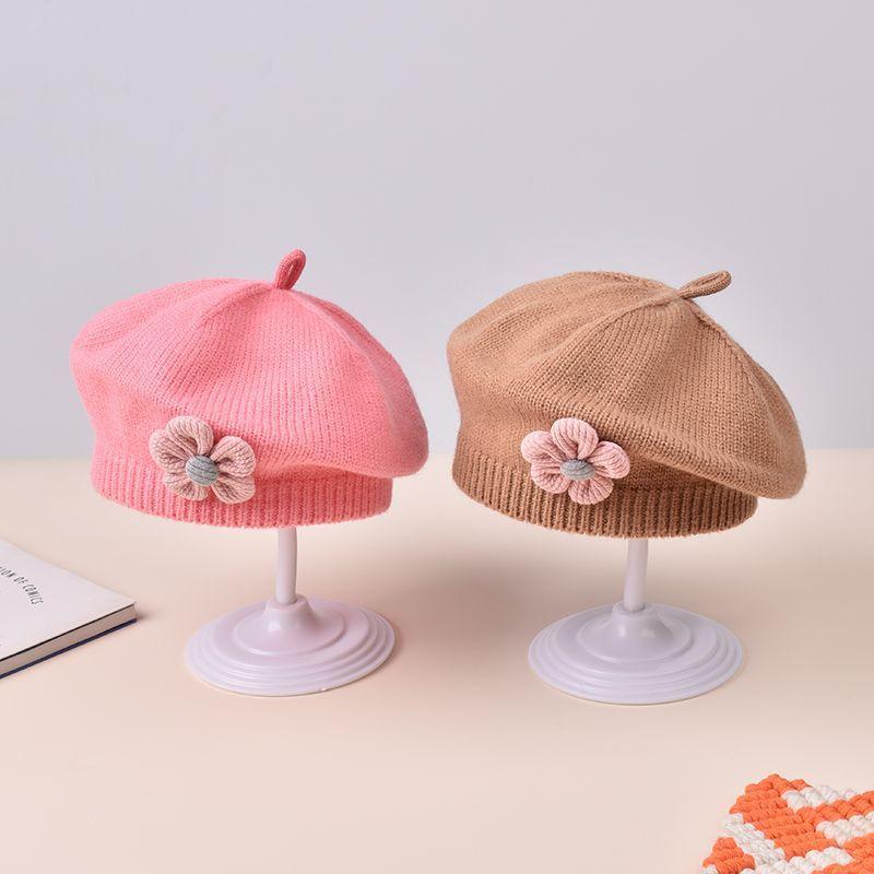 Baby Girls Autumn Winter Hat Cute Flower Beret Toddler Knitted Artist Hat Kids Woolen Cap For Newborn 6-12 Months Home Outdoor