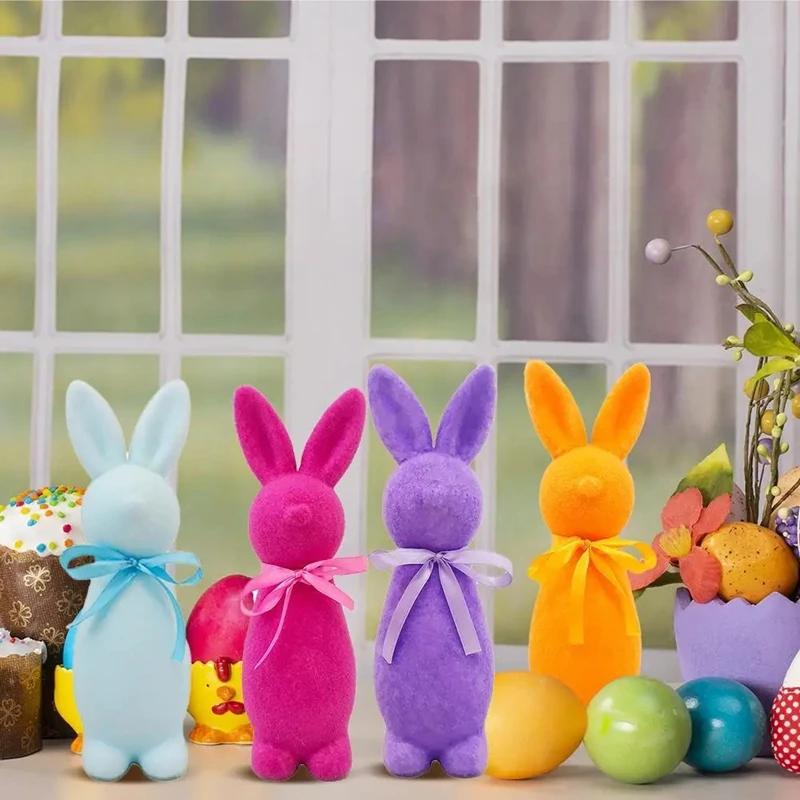 Standing Easter Bunny Decor with Bow Flocked Rabbit Figurine - Premium Material Craft Cute Design Festive Atmosphere Decoration