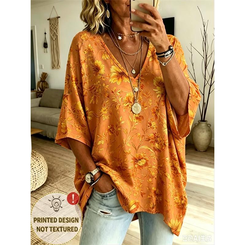 Printed Plus-Size Women's V-Neck Batwing Sleeve T-Shirt Bohemian Ethnic Print Loose Top Summer Comfortable Breathable Daily Commute Casual