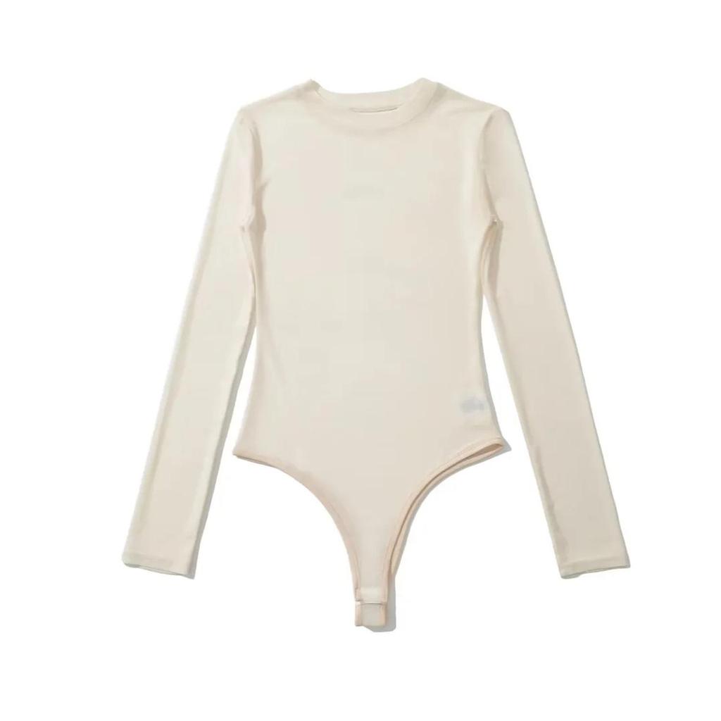 Autumn Women's Slimming Mesh Bodysuit - Sheer Round Neck, Long Sleeve