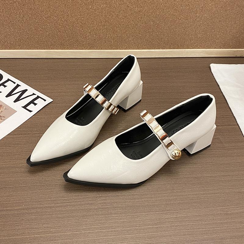 French temperament pointed high heels women's 2025 summer and autumn new one-word strap Mary Jane with skirt thick heel single shoes