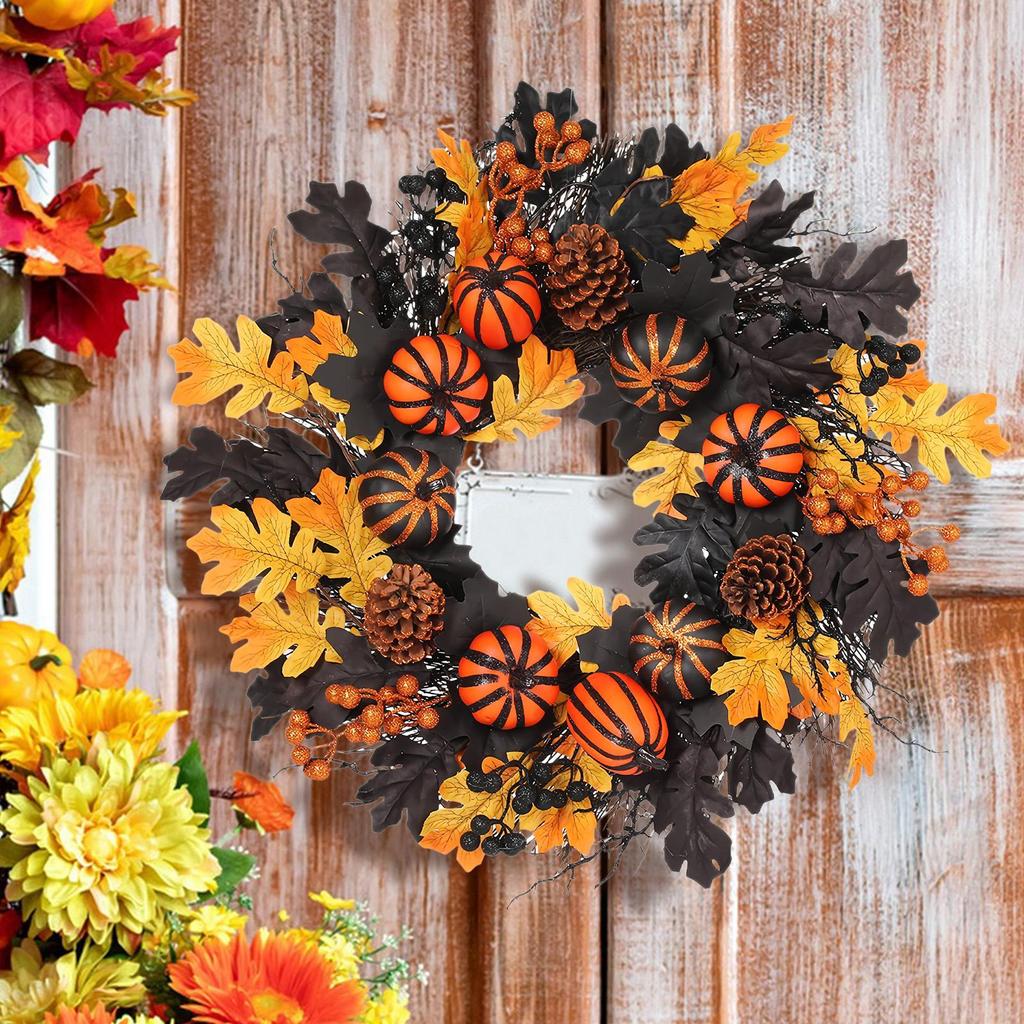Halloween Pumpkin Wreath Autumn Door Wreath Thanksgiving Handmade Black Maple Leaves Pumpkin Halloween Holiday Decoration