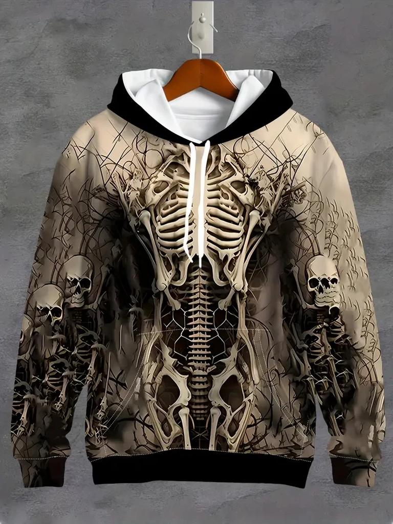 2026 New Men's Vintage Skull Skeleton 3D Print Hoodie Men Women Fashion Oversized Hoodie Sweatshirt Halloween Unisex Tracksuit