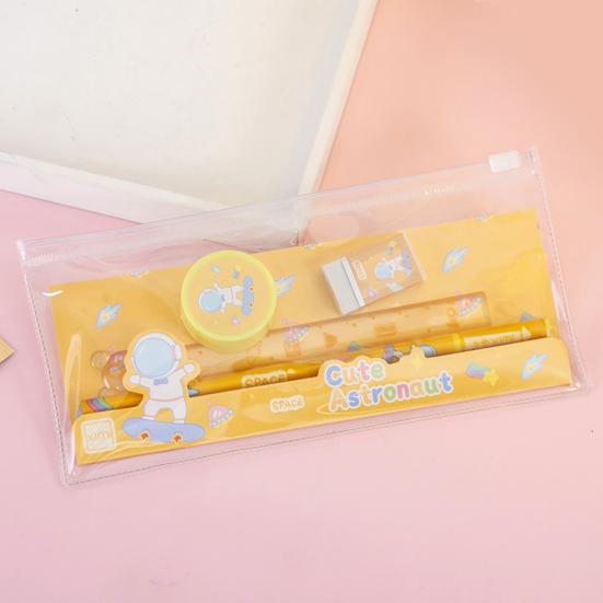 6Pcs/Set Kids Cartoon Stationery Set with 2 Pencils Eraser Sharpener Ruler Transparent Case Students School Supplies Classroom Prizes Gifts
