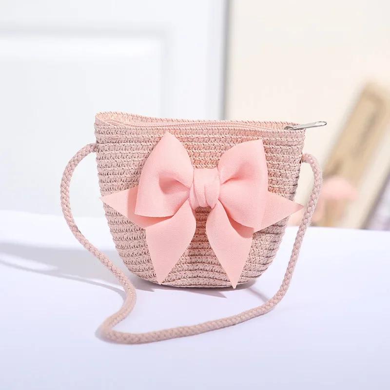 Handmade Woven Crossbody Bag Mini Coin Purse Beach Handbags Cute Bow Straw Shoulder Bags Baby Girls Princess Kids Messenger Bags