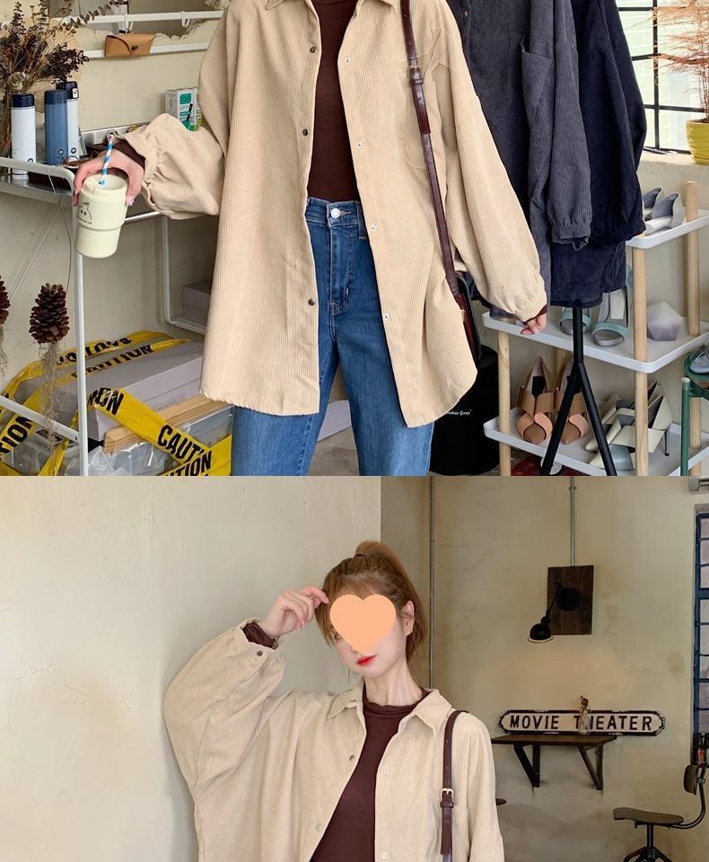 Women's Retro Korean-Style Corduroy Shirt - Long Sleeve, Loose Fit, Hong Kong Chic