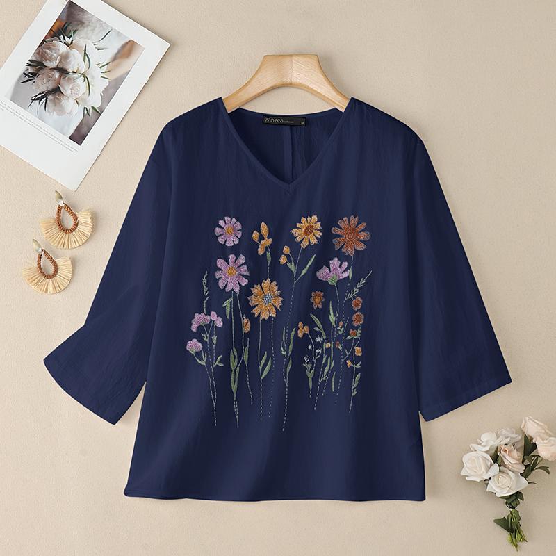 

ZANZEA Женская повседневная блузка с цветочным принтом, круглым вырезом и рукавами 3/4 L темно-синий