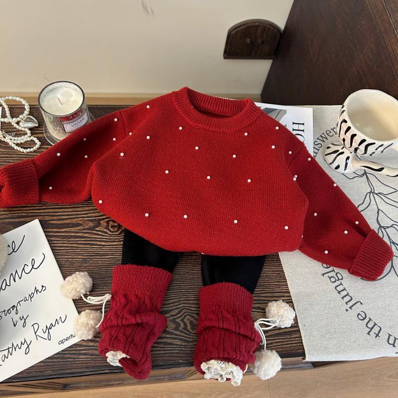 

Korean Winter 2024 Girls Red Sweater & Fleece Leggings Set with Pile Socks 150 cm