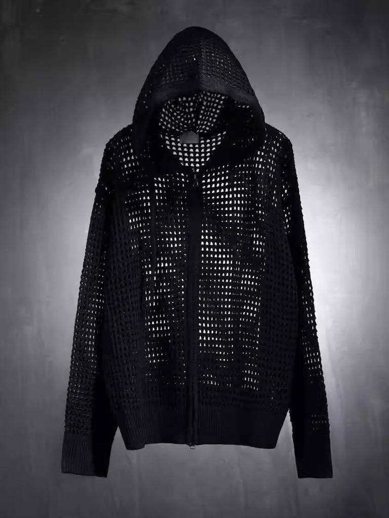 Men's European Mesh Knit Hooded Cardigan Sweater – Sun Protection & Long Sleeve