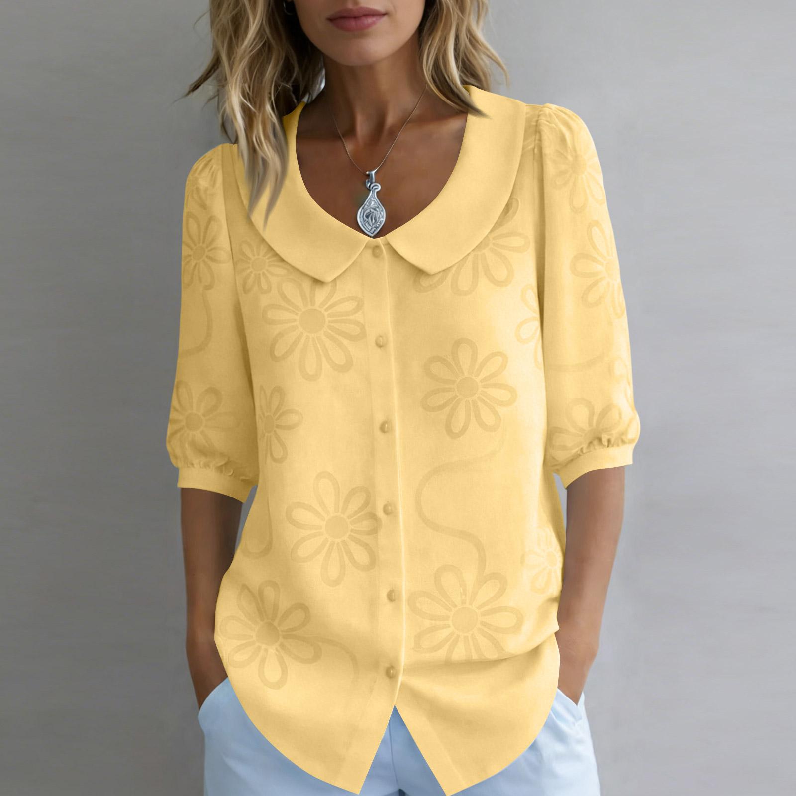 

Ladies Casual Embroidered Doll Collar Shirt M жовтий