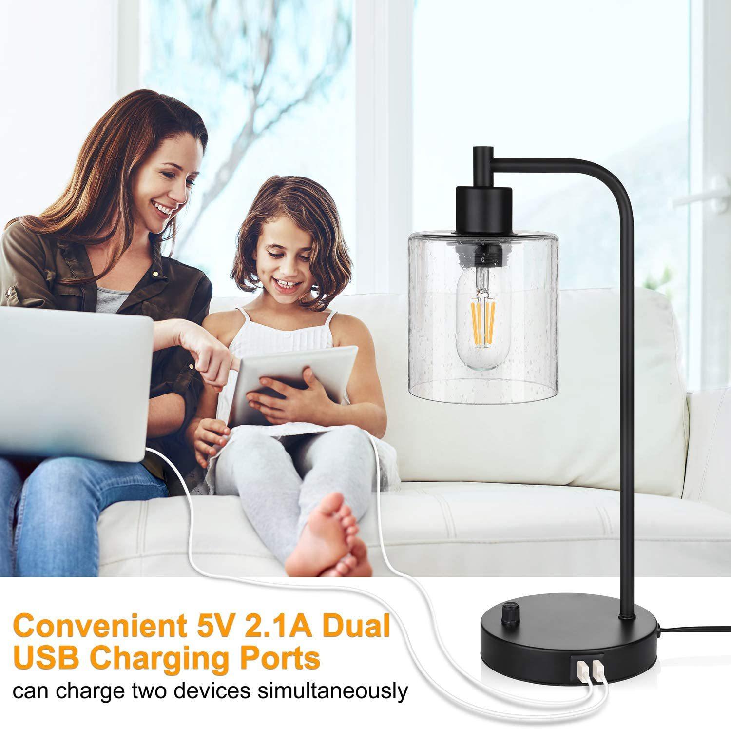 

E27 Bulb Adjustable Brightness Retro Glass Table Lamp with Dual USB Ports,Textured Glass A