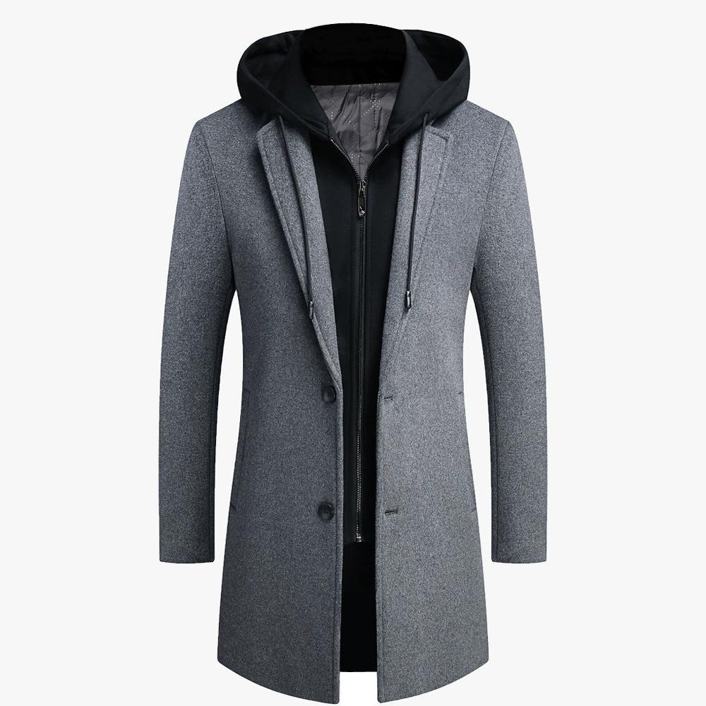 Autumn Winter Men Hooded Wool Jacket Autumn Mens Long Windproof Wool Coat Casual Thick Slim Jacket Male Size