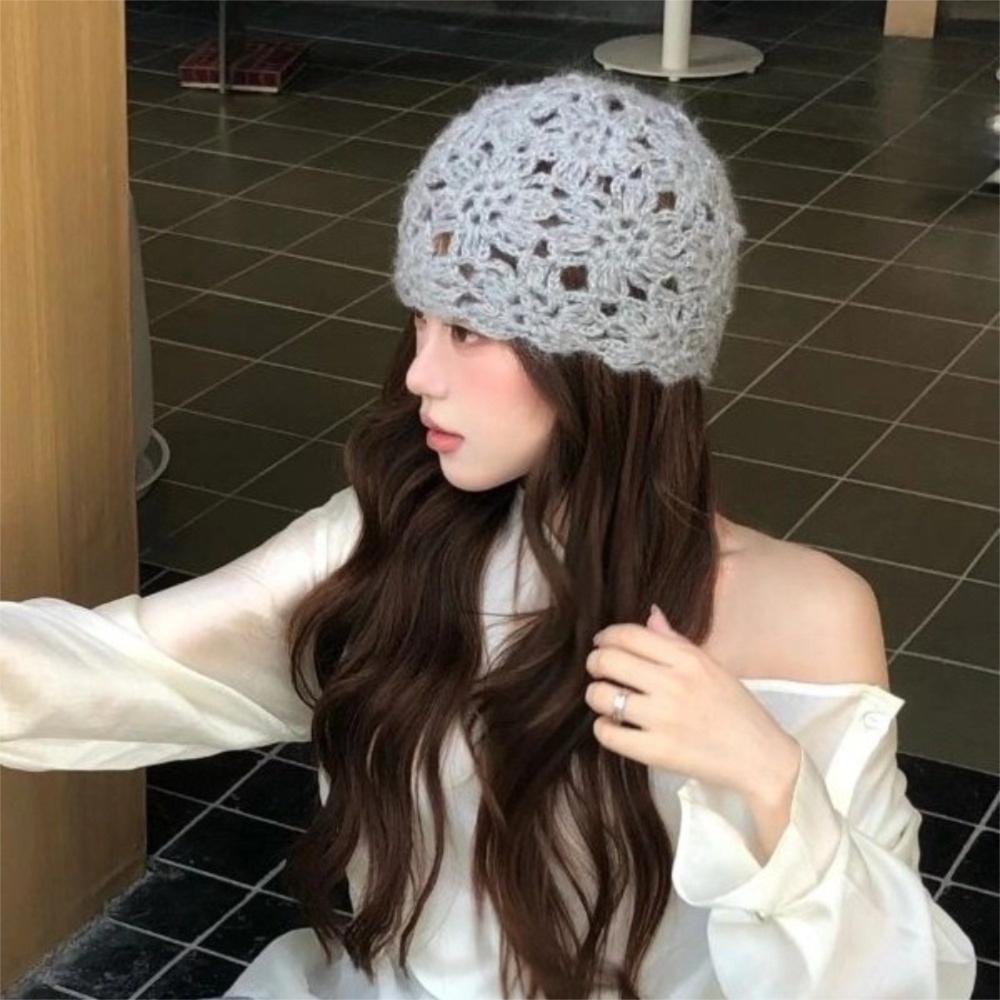 Hollow Knitted Pullover Hat Solid Color Beanies Cap Cute Crochet Flower Hat  Girls