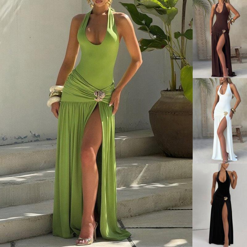 European and American summer new women's clothing neck halter solid color split slim sexy long dress dress