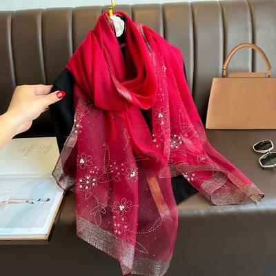 Solid Color Pearl Solid Shawls Embroidery Flowers Pearl Wrap Headscarf  For Women Hijab