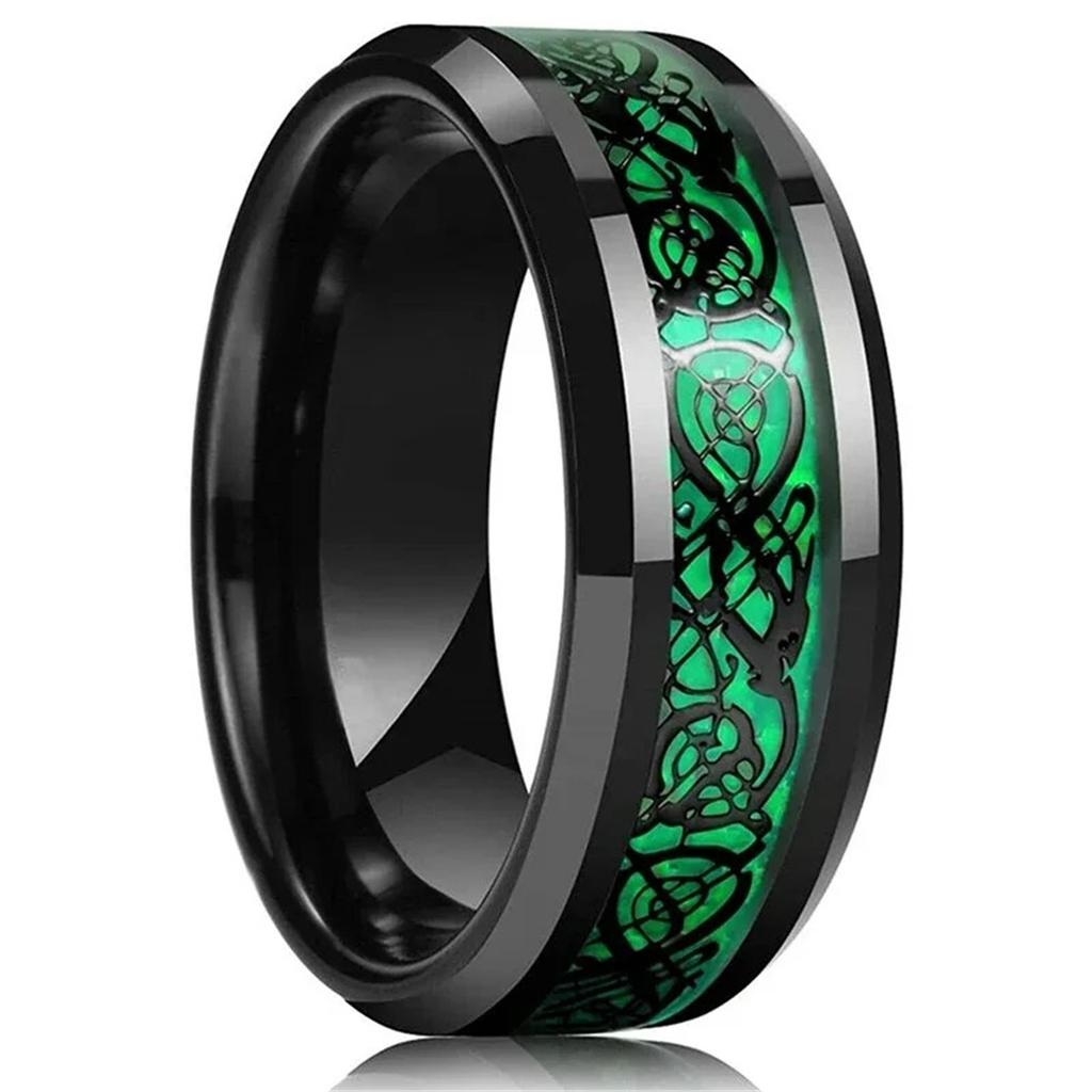Fashion 8MM Men Stainless Steel Nordic Celtic Dragon Rings Inlay Green Carbon Fiber Rings For Men Women Wedding Party Jewelry