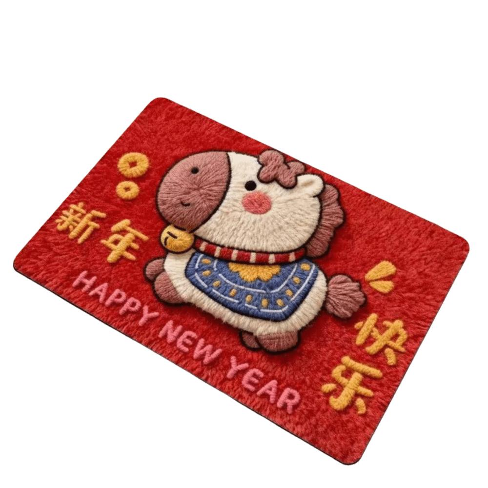 Cute Horse Pattern New Year Door Mat Red Non-slip Door Carpet Quick Dry Soft Bath Mat for Floor Protection