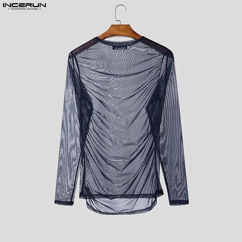 Men T Shirt Mesh Transparent Sexy O-neck Long Sleeve Tee Tops Men Streetwear Camisetas Pleated 2026 Party Men Clothing