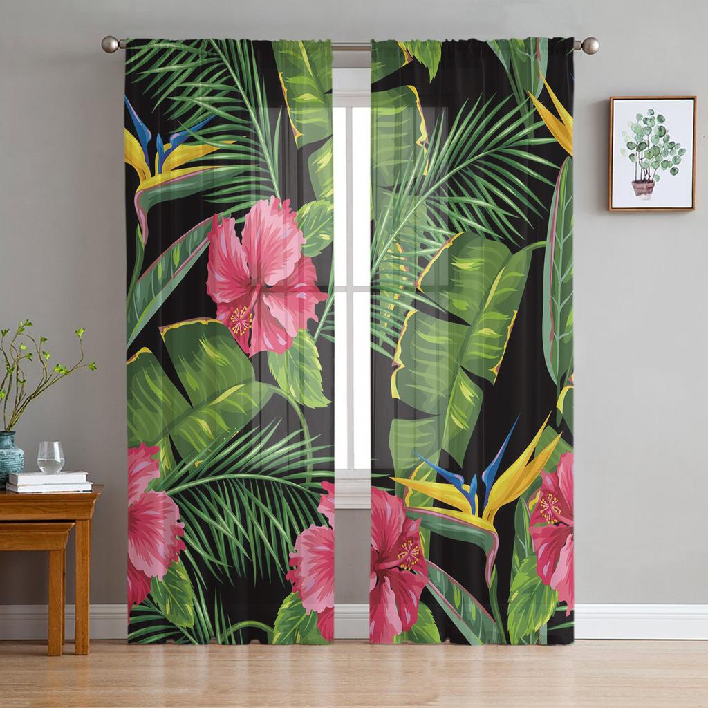 Hawaiian Flower Plant Jungle Palm Tropical Sheer Curtains for Living Room Bedroom Decor Window Voile Tulle Curtain Drapes