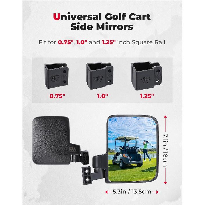 KEMIMOTO No Drilling Golf Cart Side Mirrors, Universal Rear View Mirror for 0.75"-1.25" Square Rail, Folding Design Compatible with EZGO, Club Car,