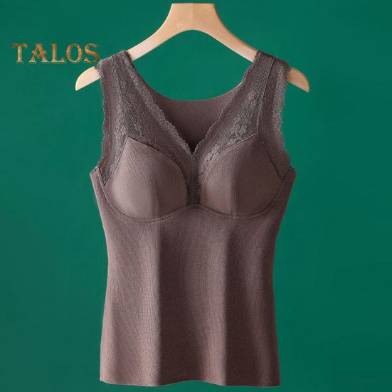 Winter Women Thermal Vest with Chest Pads Seamless Lace Fast Temperature Lock V Neck Slim Fit Elastic Sleeveless Inner Wear Bottoming Tank Top