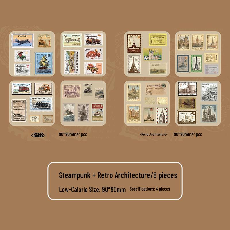 Vintage Literarische Zeitschriften & Postkarten Aufkleber: Amerikanische Briefmarken, Ölgemälde, Architektur des Dampfzeitalters