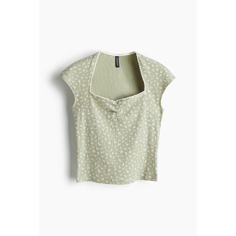 

HM Women s T-shirt 2025 Autumn New Arrival Silm Slim Looking Rib Peach Collar Short Sleeve Cover Sleeve Tops 1266326