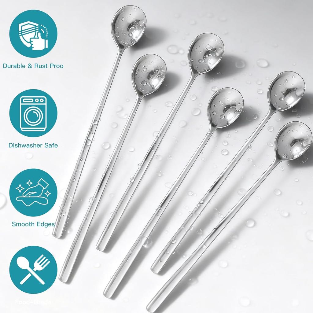 9.5-Inch Long Spoon, Ice Tea Spoons for Ice Cream, Coffee, Cocktail, Stainless Steel Long Spoons for Stirring, Long Handle Spoon, Set of 6