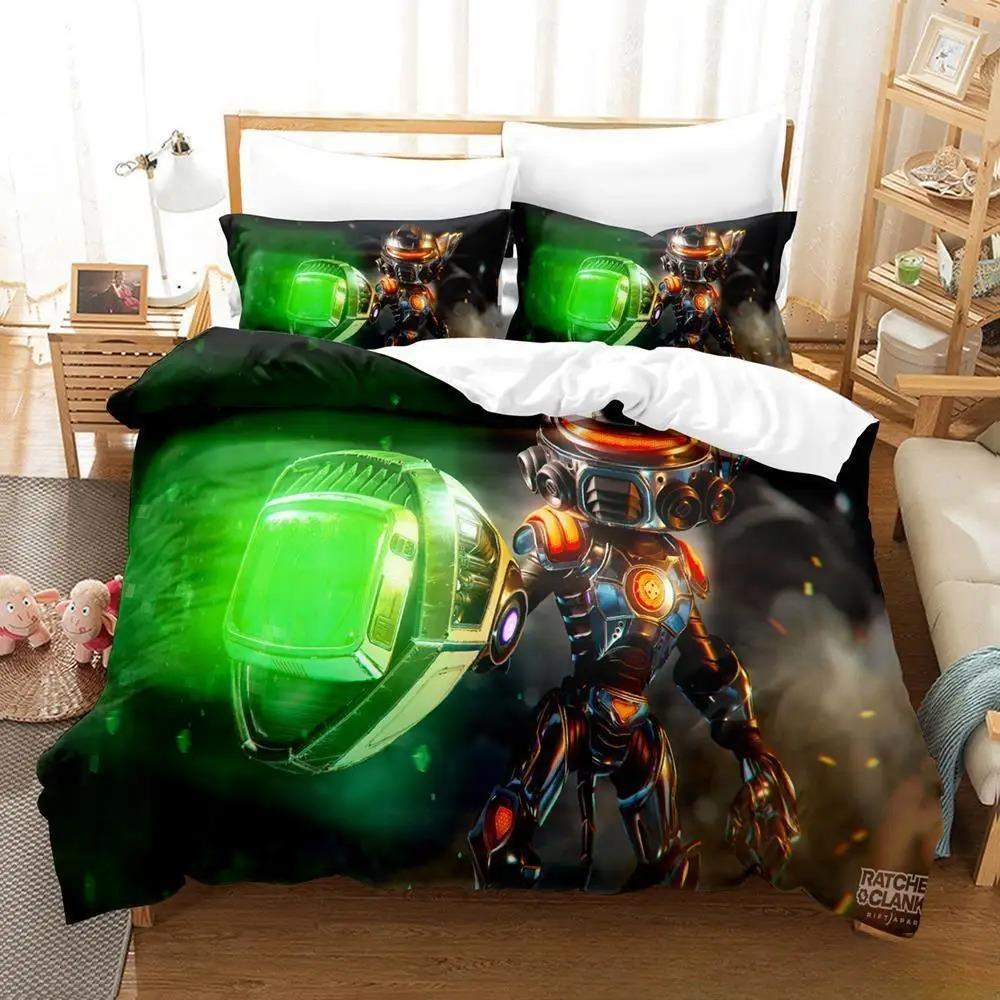 Ensemble de literie 3D Jeu Ratchet & Clank Rift Apart Ensemble de lit imprimé Housse de couette Drap Taie d'oreiller Lit Couette douce Taille Double Queen King