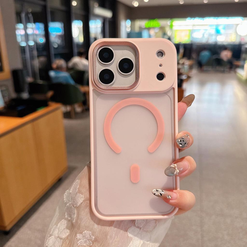 Apple 17 Pro Max Drop-Proof Magnetic Phone Case with Diamond Texture & Pure Color Lens