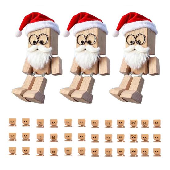 Christmas Shaking Wooden Man Figurine with Santa Hat And Beard Handmade Shaking Feet Wooden Doll with Magnetic Expressions for Car