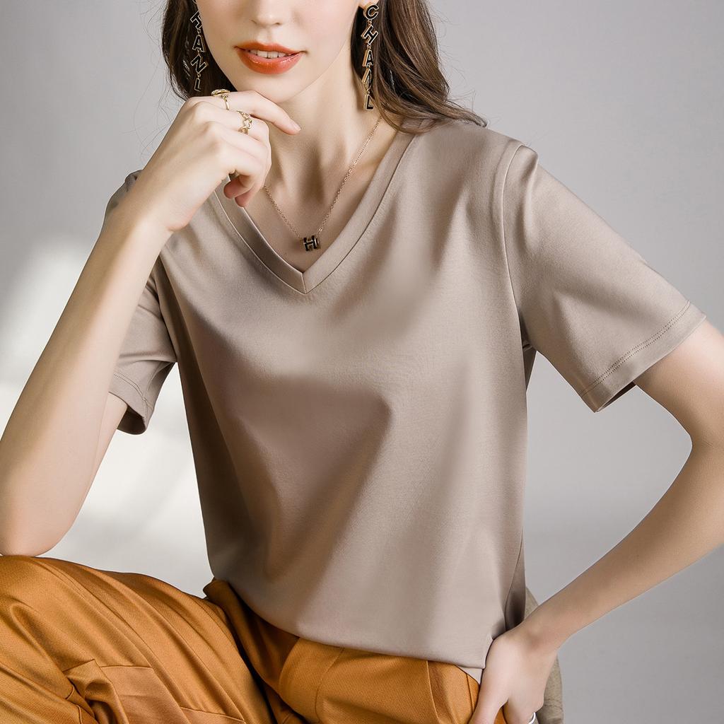 Skin-friendly support cool feeling double mercerized cotton slim fit solid color simple female slim short sleeve, white T