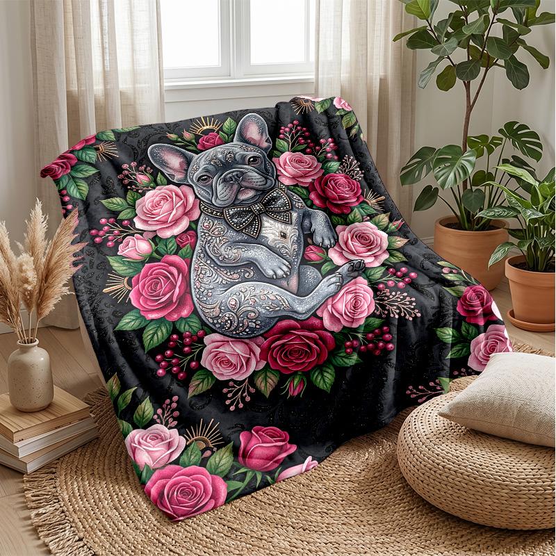 Floral Canine Portrait Theme Blanket Lightweight Warm Flannel Blanket Decorative Throw Blanket for Home Decoration