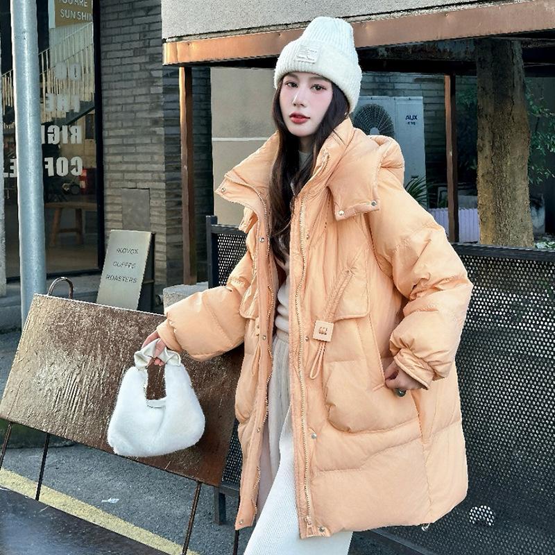Square buckle down jacket women's medium length 2024 winter new hooded thickened loose white duck down warm jacket tide