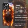 Luxurious Golden Flame Lion Pattern Tempered Glass Phone Case for IPhone 16 Pro Max 15 14 13 12 Mini 11 PRO XS XR 7 8 Plus Cover