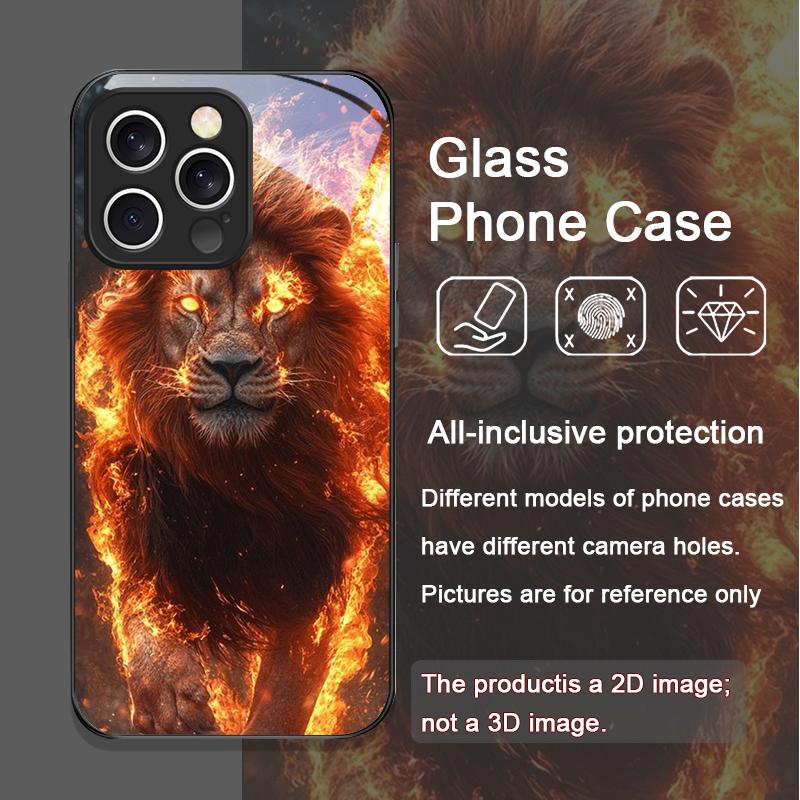 Luxurious Golden Flame Lion Pattern Tempered Glass Phone Case for IPhone 16 Pro Max 15 14 13 12 Mini 11 PRO XS XR 7 8 Plus Cover