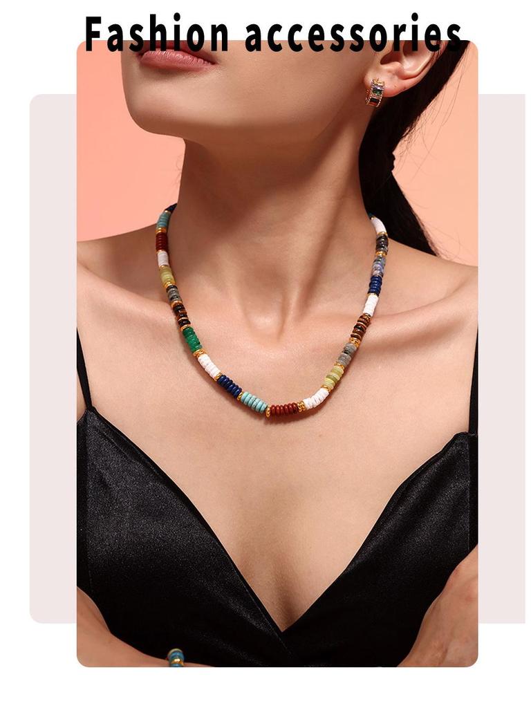 Retro Europejski i Amerykański Naszyjnik i Bransoletka z Koralików Abakusa z Kamienia Naturalnego - Ręcznie Robiony Etniczny Styl Koraliki w Kolorach Tęczy, Lekki Luksus.