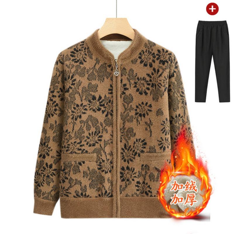 Middle-aged and Elderly Mothers Wear Spring and Autumn Knitted Cardigan Sweater Jacket Crew Neck Printed Top Loose Casual Women's Clothes
